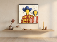 Cowboy & Cowgirl Couple Wall Art — Original Palette-Knife Oil, Cobalt & Red — original hand-painted oil shown on the wall in a styled room
