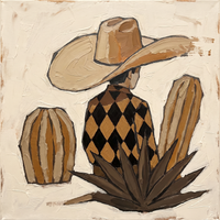 Original oil painting of a cowboy figure seen from behind in a wide sand hat and black-and-tan harlequin shirt, flanked by two barrel cacti with a dark agave below, on a cream ground.