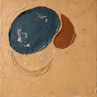 Original textured oil painting of a slate navy-blue oval and a rust teardrop with a soft grey crescent below, on a warm golden-ochre plaster ground, heavy palette-knife impasto.
