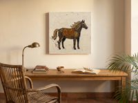 Standing Horse Wall Art — Original Palette-Knife Oil, Brown & Rust — original hand-painted oil shown on the wall in a styled room