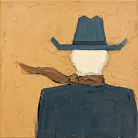 Original oil painting of a cowboy from behind in a slate-blue hat and coat with a brown scarf streaming to one side, on a golden ochre ground