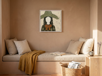 Lady in an Olive Floppy Hat Wall Art — Original Palette-Knife Oil, Olive & Rust — original hand-painted oil shown on the wall in a styled room