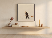 Man Walking His Dachshund Wall Art — Original Oil, Brown & Cream — original hand-painted oil shown on the wall in a styled room