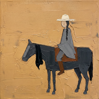 Original oil painting of a braided rider in a pale hat and grey-blue coat on a slate-charcoal horse, on a golden ochre ground with palette-knife texture