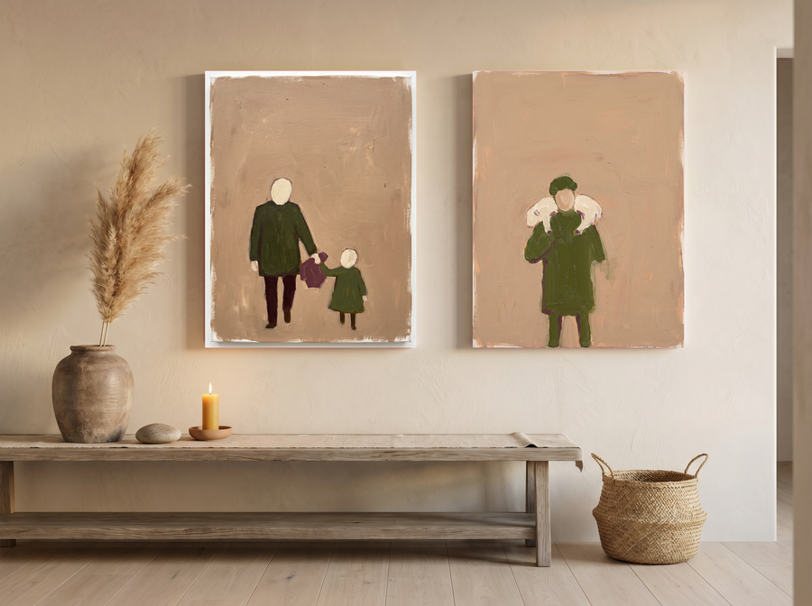 Father & Child with Shepherd — Set of 2 Original Oils, Moss & Clay