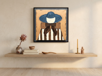 Lady in a Navy Hat Wall Art — Original Palette-Knife Oil, Navy & Ochre — original hand-painted oil shown on the wall in a styled room