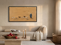 Shepherd and Flock Wide Wall Art — Original Oil Landscape, Golden Ochre & Navy — original hand-painted oil shown on the wall in a styled room