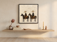 Two Riders on Horseback Wall Art — Original Palette-Knife Oil, Brown & Straw — original hand-painted oil shown on the wall in a styled room