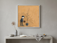 Woman Watering a Plant Wall Art — Original Palette-Knife Oil, Ochre & Teal — original hand-painted oil shown on the wall in a styled room