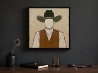 Cowboy in a Vest Wall Art — Original Palette-Knife Oil, Olive & Caramel — original hand-painted oil shown on the wall in a styled room