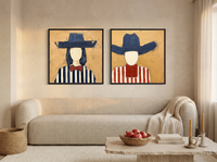 Cowgirl and Cowboy — Set of 2 Original Oils, Navy & Vermilion — original hand-painted oil shown on the wall in a styled room