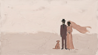Original wide oil painting of a groom in a plum suit and dark hat beside a bride in a blush gown with a long trailing veil and a rust-brown dog, set right of a wide blush field