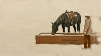 Original wide palette-knife oil painting of an olive-brown horse drinking at a brown trough with a cowgirl in an oat coat, on a pale cream ground with heavy impasto texture
