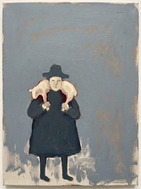 Oil painting of a shepherd in a dark navy coat and hat carrying a pale lamb on his shoulders, on a slate blue-grey ground.