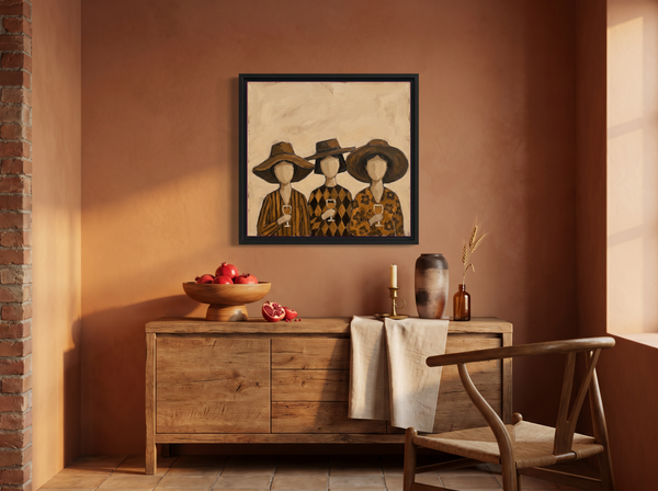 Three Women in Hats Wall Art — Original Palette-Knife Oil, Chocolate & Tan