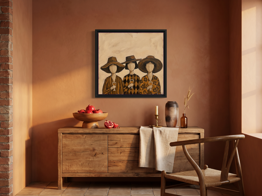 Three Women in Hats Wall Art — Original Palette-Knife Oil, Chocolate & Tan