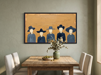 Row of Five Hatted Figures Wide Wall Art — Original Palette-Knife Oil, Slate Navy & Golden Ochre — original hand-painted oil shown on the wall in a styled room