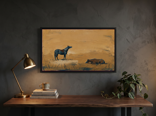 Standing and Resting Horses Wide Wall Art — Original Palette-Knife Oil, Navy & Golden Ochre