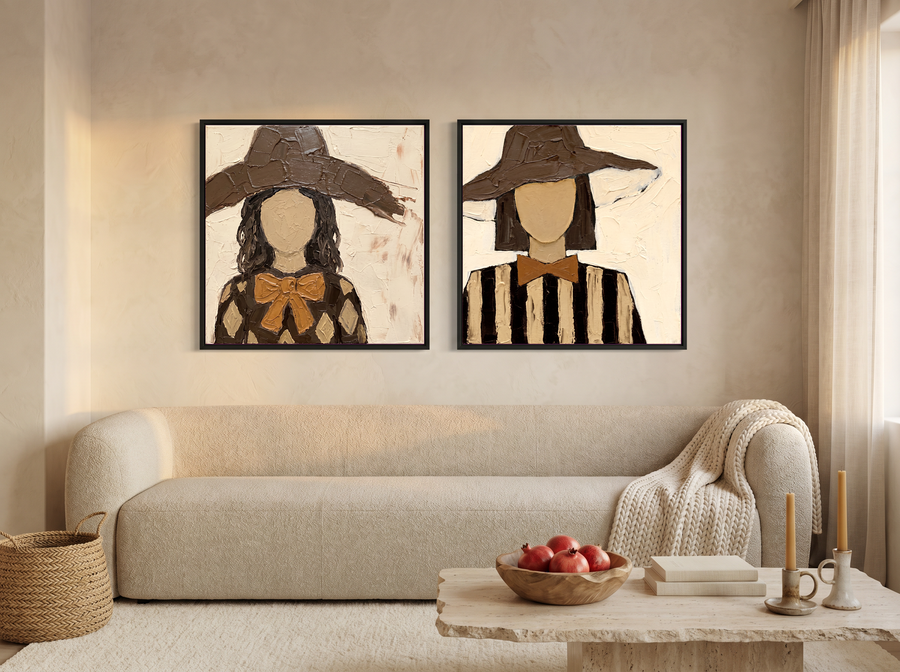 Two Women in Floppy Hats — Set of 2 Original Oils, Chocolate & Gold