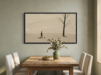 Lone Walker & Bare Tree Wide Wall Art — Original Palette-Knife Oil, Olive & Oxblood — original hand-painted oil shown on the wall in a styled room