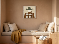 Harlequin Cowboy Wall Art — Original Palette-Knife Oil, Olive & Brown — original hand-painted oil shown on the wall in a styled room