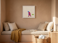 Man Walking His Dachshund Wall Art — Original Pop-Colour Oil, Magenta & Blue — original hand-painted oil shown on the wall in a styled room