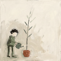 Original oil painting of a small sage-green figure watering a tall plant in a terracotta pot on a soft cream ground
