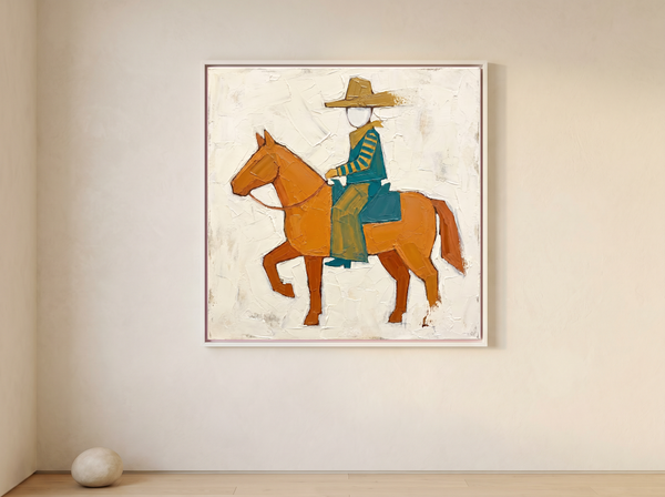 Cowboy on Horseback Wall Art — Original Palette-Knife Oil, Orange & Teal