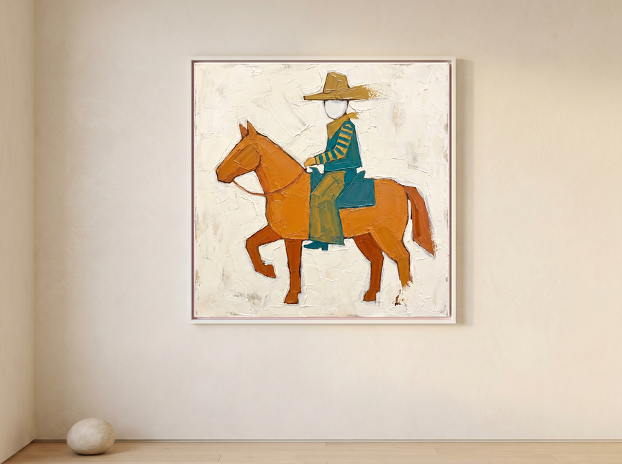 Cowboy on Horseback Wall Art — Original Palette-Knife Oil, Orange & Teal