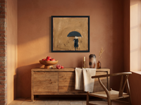 Woman Under an Umbrella Wall Art — Original Oil, Navy & Ochre — original hand-painted oil shown on the wall in a styled room