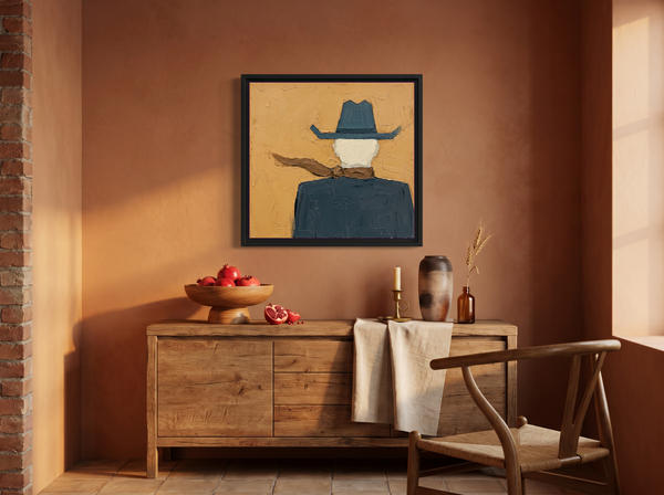 Cowboy from Behind Wall Art — Original Palette-Knife Oil, Slate Blue & Ochre