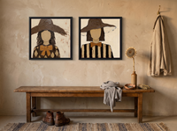Two Women in Floppy Hats — Set of 2 Original Oils, Chocolate & Gold — original hand-painted oil shown on the wall in a styled room