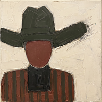 Original oil painting of a faceless cowboy in a near-black olive hat with an oxblood face and charcoal neckerchief over oxblood and brown stripes, on a cream ground