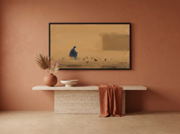 Pigeon Feeder at Dawn Wide Wall Art — Original Oil, Golden Ochre & Navy — original hand-painted oil shown on the wall in a styled room