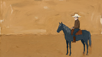 Original wide oil painting of a rider in a straw hat on a navy-teal horse facing left across a glowing golden-ochre plain