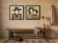 Cowboy & Two Cowgirls — Set of 2 Original Oils, Olive & Caramel — original hand-painted oil shown on the wall in a styled room