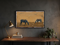 Two Grazing Horses Wide Wall Art — Original Palette-Knife Oil, Navy & Golden Ochre — original hand-painted oil shown on the wall in a styled room