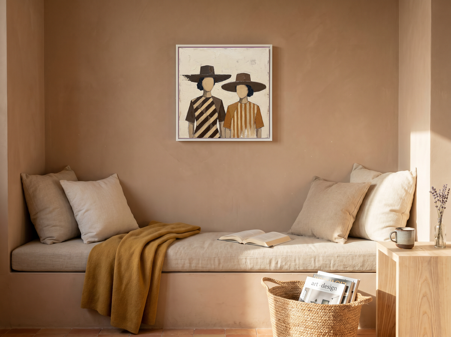 Two Women in Hats Wall Art — Original Palette-Knife Oil, Chocolate & Caramel