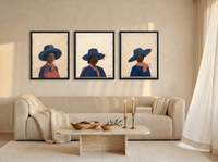 Three Women in Hats Triptych — 3 Original Oils, Indigo & Coral — original hand-painted oil shown on the wall in a styled room