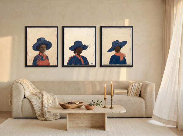 Three Women in Hats Triptych — 3 Original Oils, Indigo & Coral