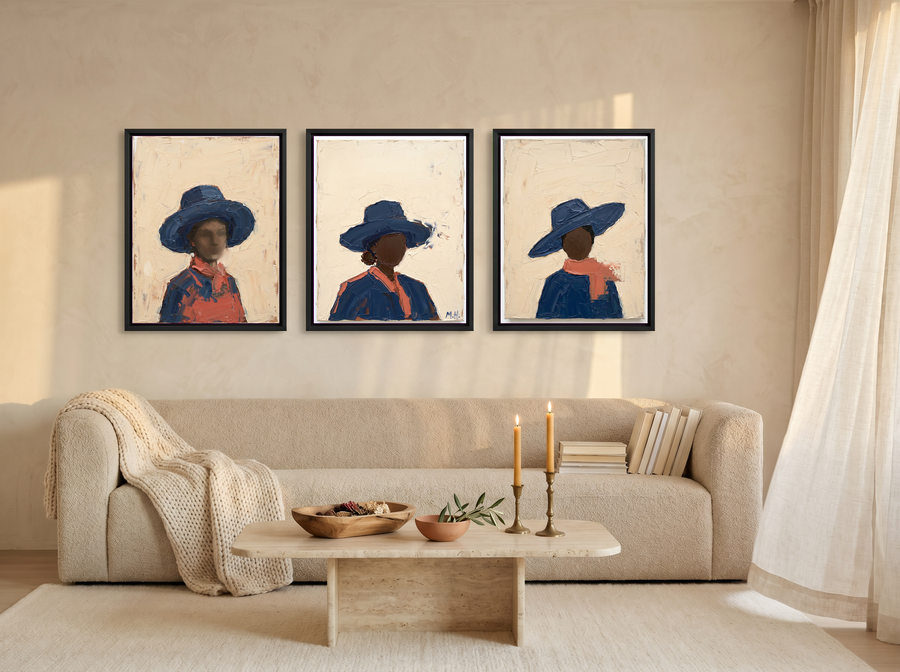 Three Women in Hats Triptych — 3 Original Oils, Indigo & Coral