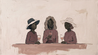 Original wide oil painting of three women in wide hats and plum tops raising pink wine at a long rose-brown table on a soft mauve ground