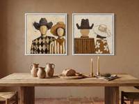 Cowboy & Cowgirl, Front & Back — Set of 2 Original Oils, Chocolate & Rust — original hand-painted oil shown on the wall in a styled room