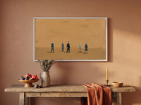 Five Walkers Wide Wall Art — Original Oil Landscape, Golden Ochre & Navy — original hand-painted oil shown on the wall in a styled room