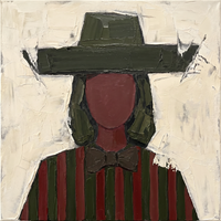 Oil painting of a cowgirl in a dark olive hat with a wide flat angular brim, an oxblood face, charcoal bow and oxblood-and-olive striped body, on a cream ground.
