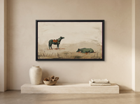 Standing and Resting Horses Wide Wall Art — Original Palette-Knife Oil, Sage Green & Terracotta — original hand-painted oil shown on the wall in a styled room