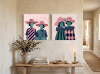 Women in Wide-Brim Hats — Set of 2 Original Oils, Rose & Emerald — original hand-painted oil shown on the wall in a styled room