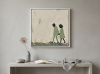 Couple Walking Together Wall Art — Original Oil, Sage & Cream — original hand-painted oil shown on the wall in a styled room