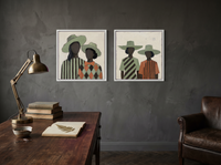 Women in Hats, Two Pairs — Set of 2 Original Oils, Sage & Terracotta — original hand-painted oil shown on the wall in a styled room