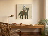Cowgirl on Horseback Wall Art — Original Palette-Knife Oil, Olive & Cream — original hand-painted oil shown on the wall in a styled room